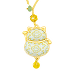 Lucky Cat Bag Charm • Song Brocade Ding Sheng Pattern • 18K Gold Plated • White
