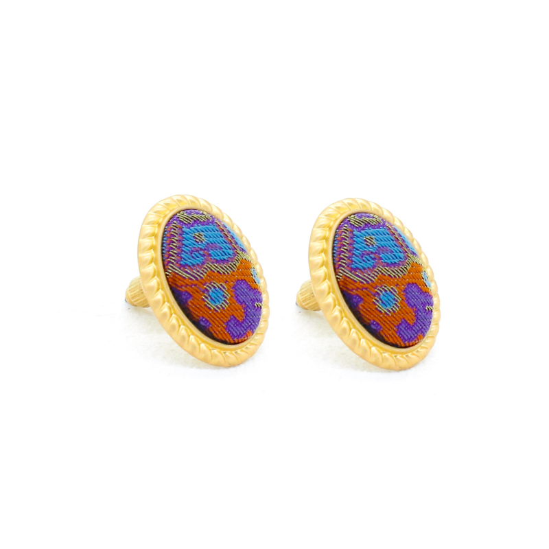 Oval Stud Earrings • Song Brocade Ding Sheng Pattern • 18K Gold Plated • Pink