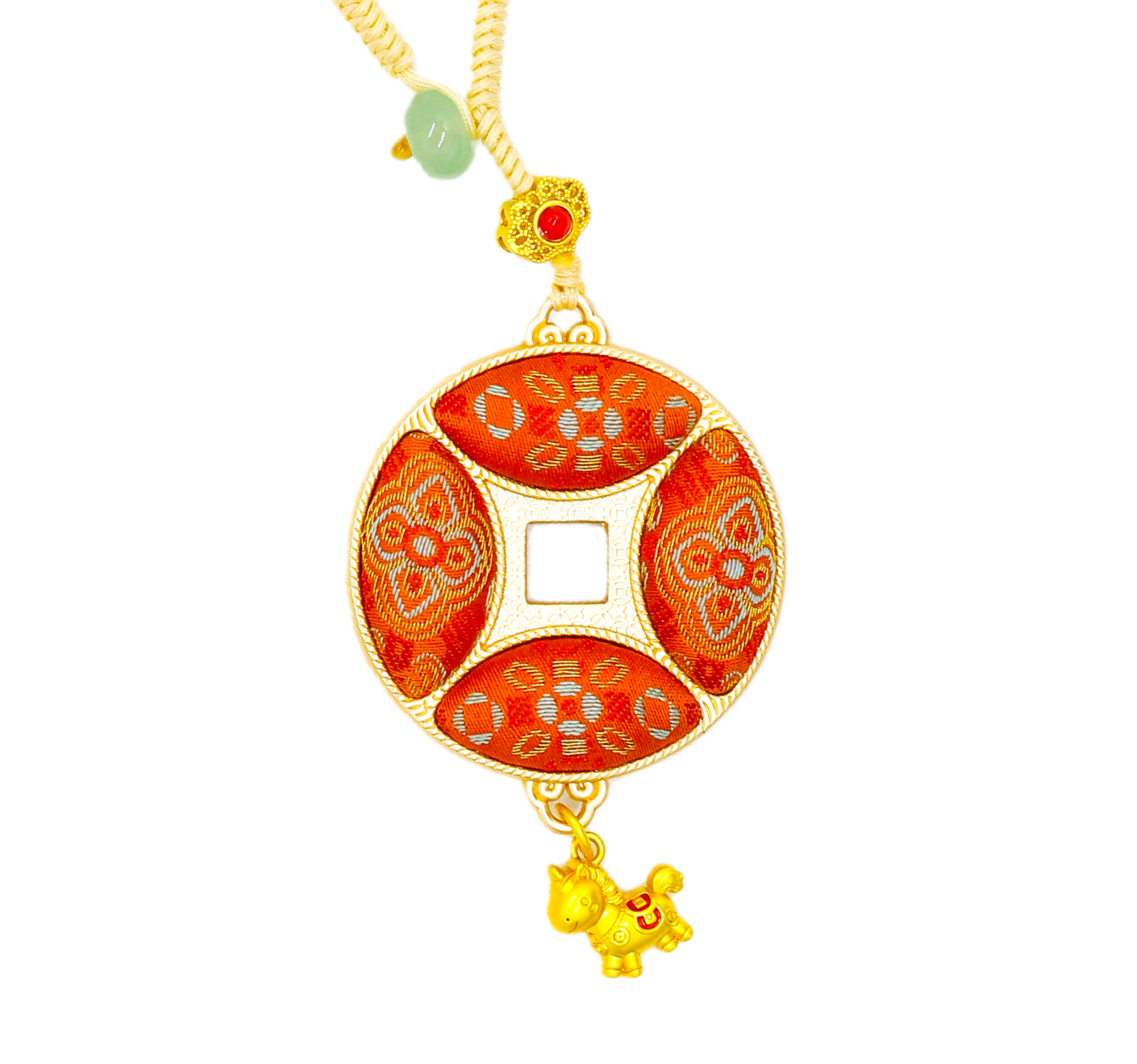 Ancient Chinese Coin Bag Charm • Song Brocade Ding Sheng Pattern • 18K Gold Plated • Red Main image