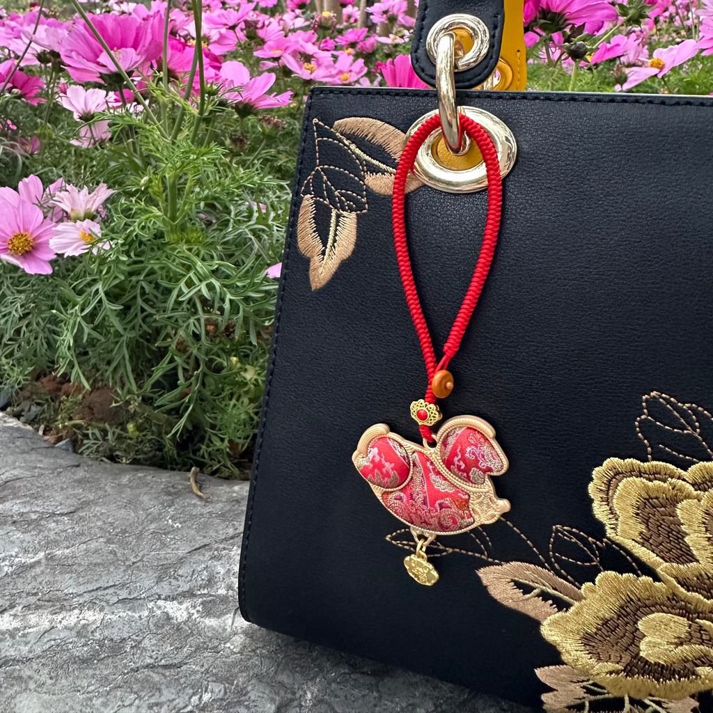 Lucky Horse Bag Charm • Song Brocade Red Eight-Directional Halo Pattern • 18K Gold Plated