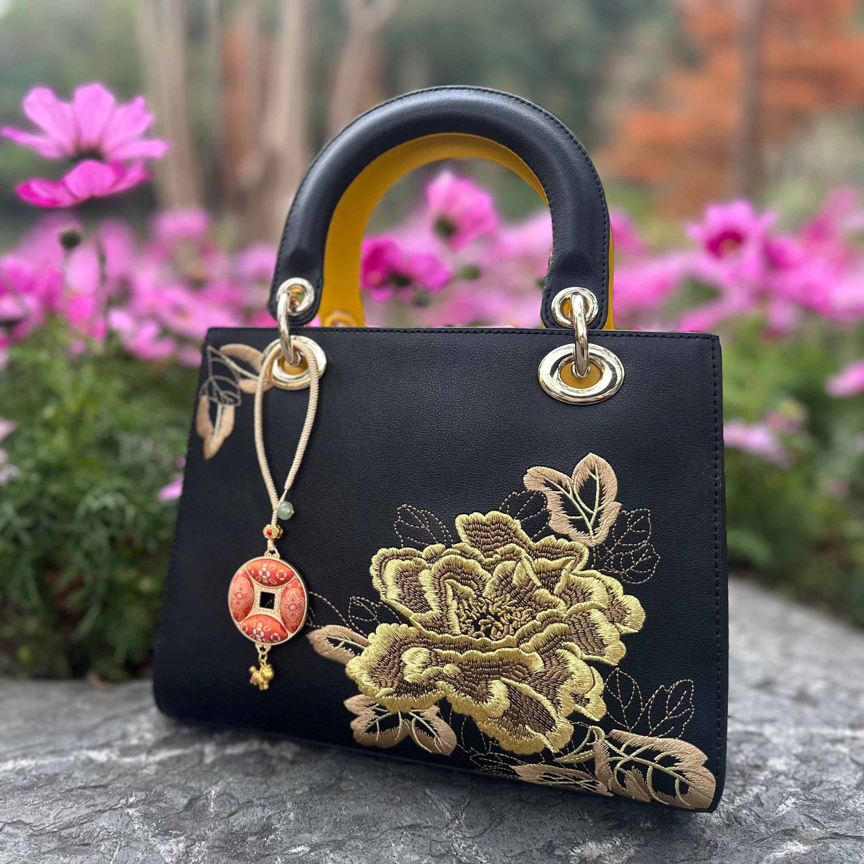 Ancient Chinese Coin Bag Charm • Song Brocade Ding Sheng Pattern • 18K Gold Plated • Red