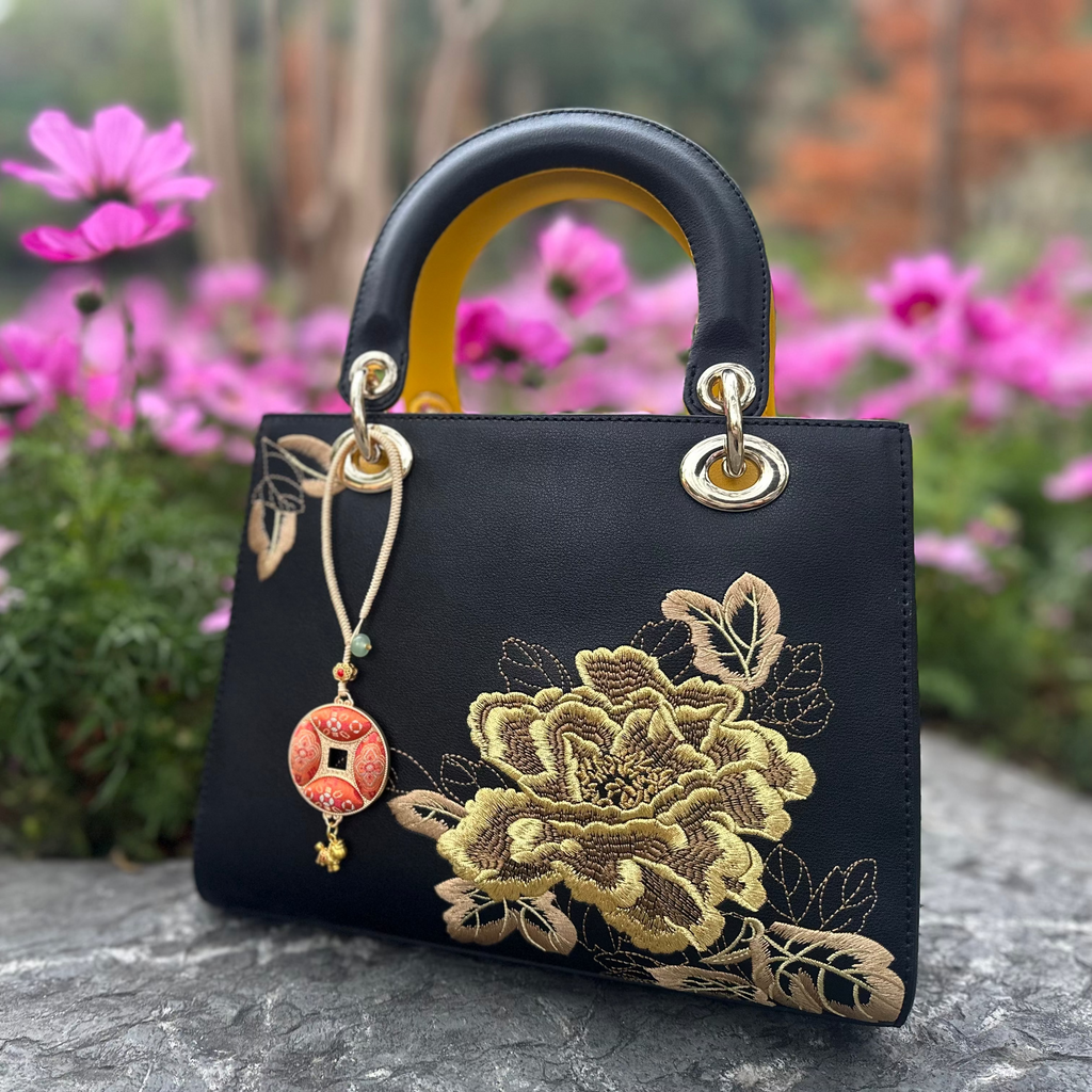Ancient Chinese Coin Bag Charm • Song Brocade Ding Sheng Pattern • 18K Gold Plated • Red