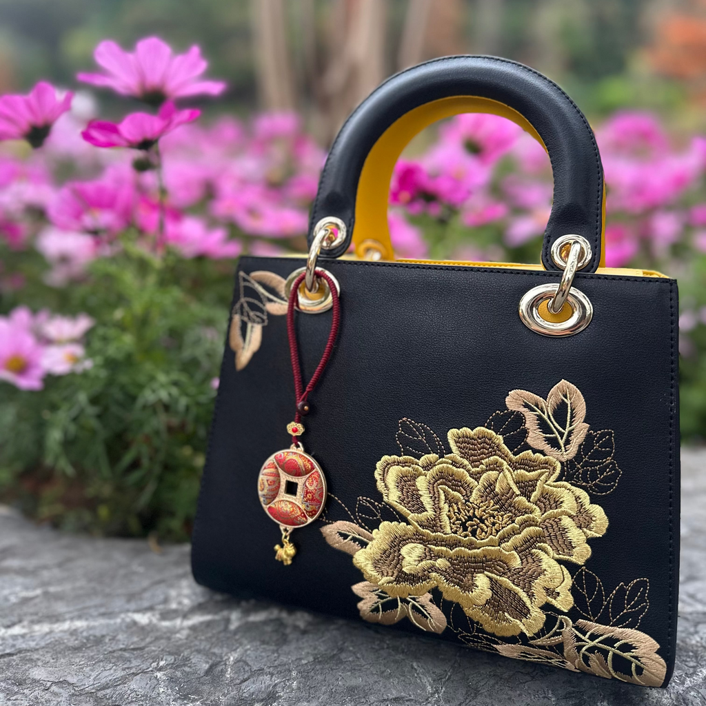 Ancient Chinese Coin Bag Charm • Song Brocade Red Bead Curtain Pattern • 18K Gold Plated