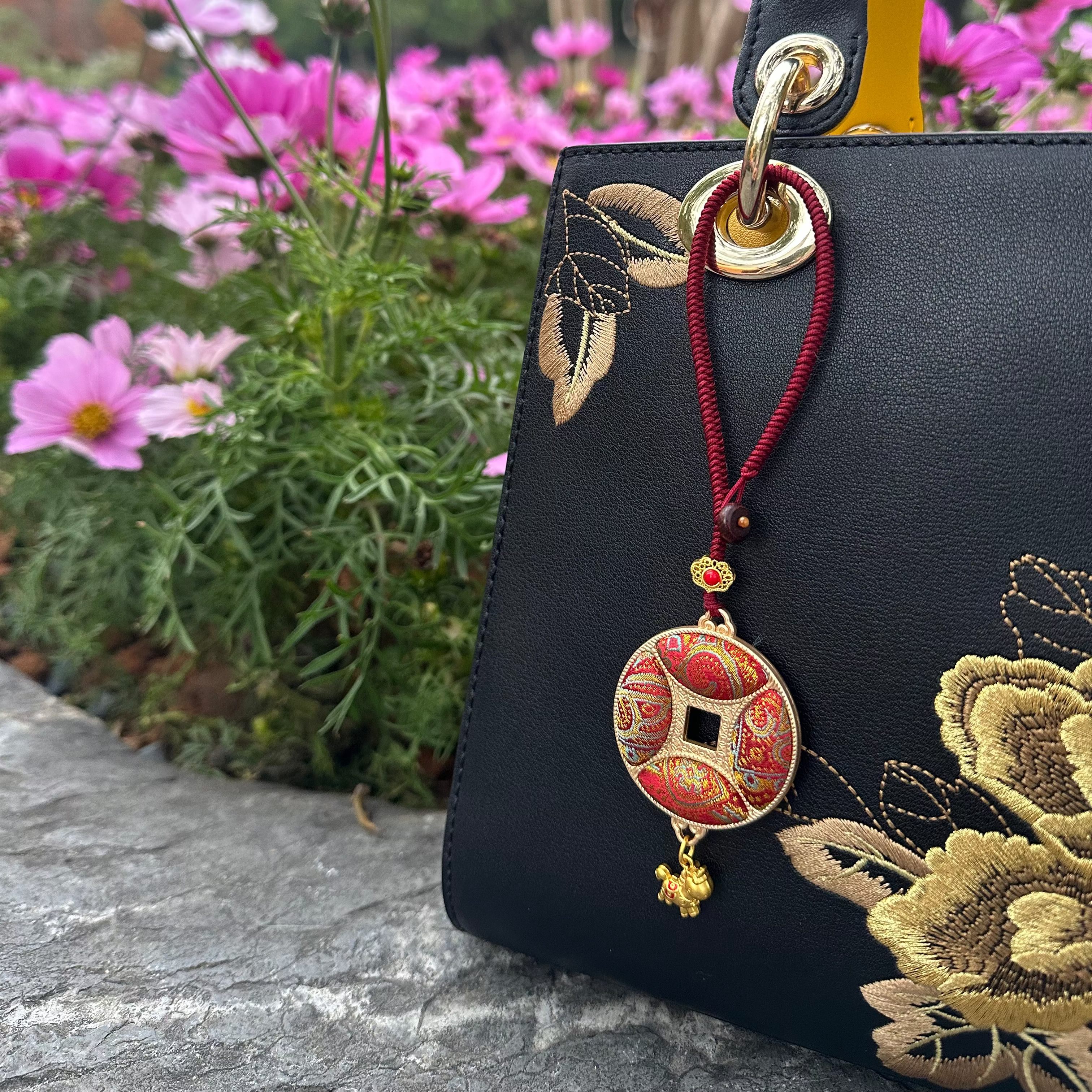 Ancient Chinese Coin Bag Charm • Song Brocade Red Bead Curtain Pattern • 18K Gold Plated