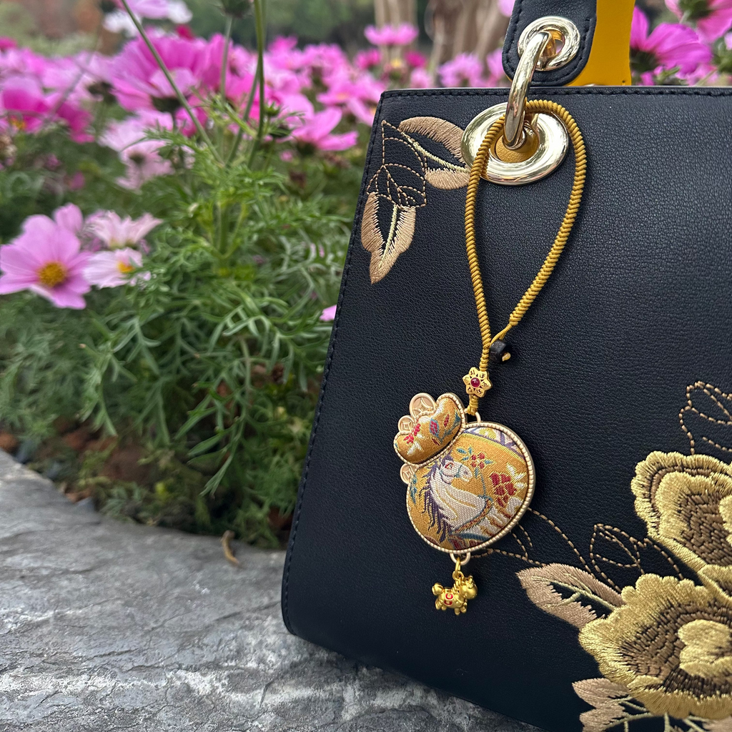 Chinese Lucky Pouch Bag Charm • Lucky Horse & Auspicious Treasure Pattern • 18K Gold Plated • Yellow