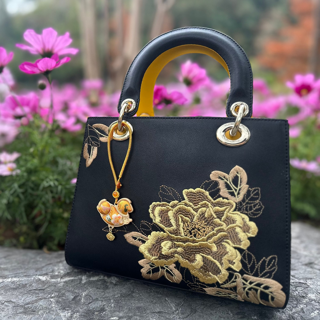 Lucky Horse Bag Charm • Song Brocade Butterfly-and-Flower Pattern • 18K Gold Plated