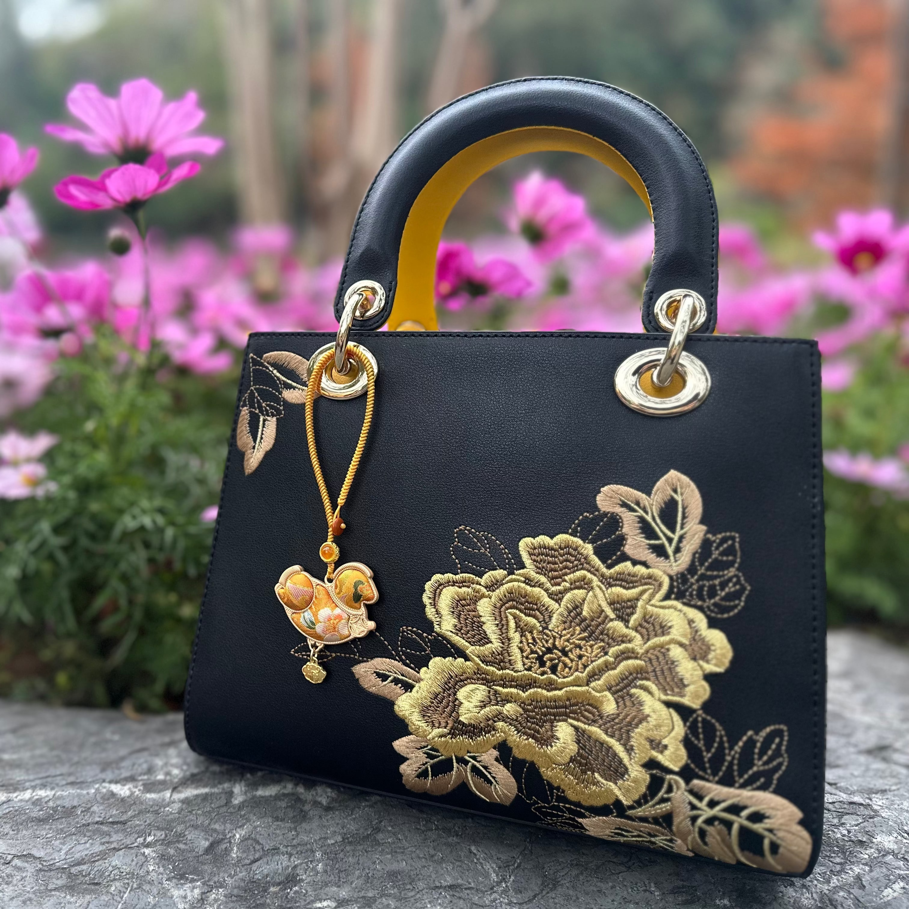 Lucky Horse Bag Charm • Song Brocade Butterfly-and-Flower Pattern • 18K Gold Plated