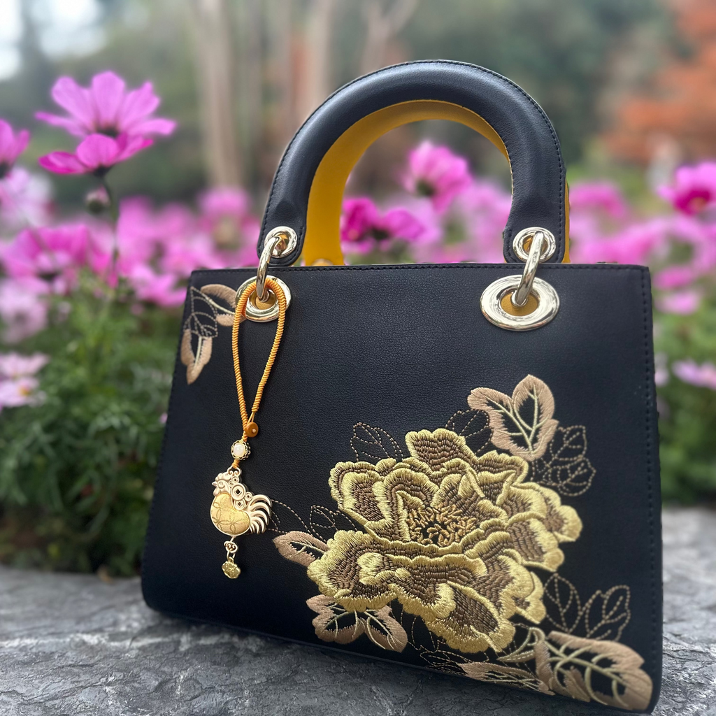 Chinese Zodiac Rooster Song Brocade Bag Charm • 18K Gold Plated