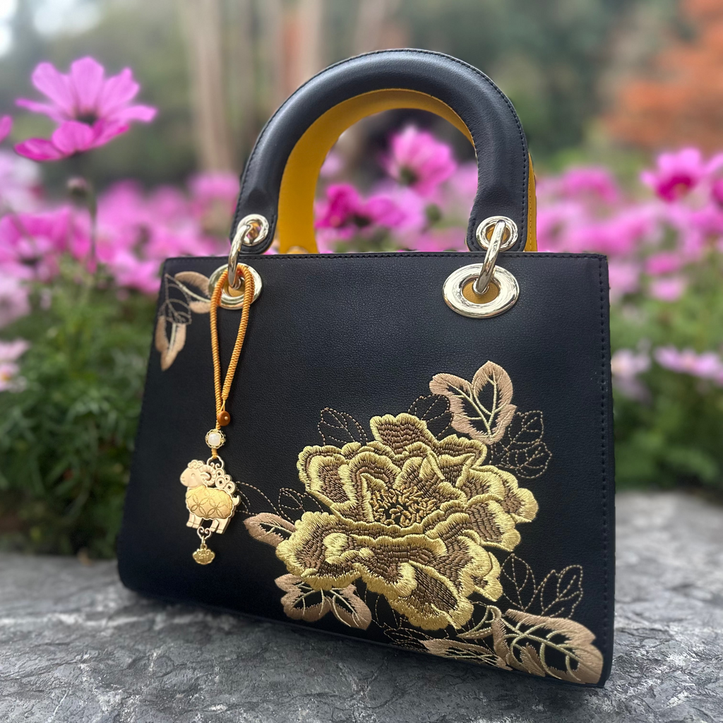 Chinese Zodiac Goat Song Brocade Bag Charm • 18K Gold Plated