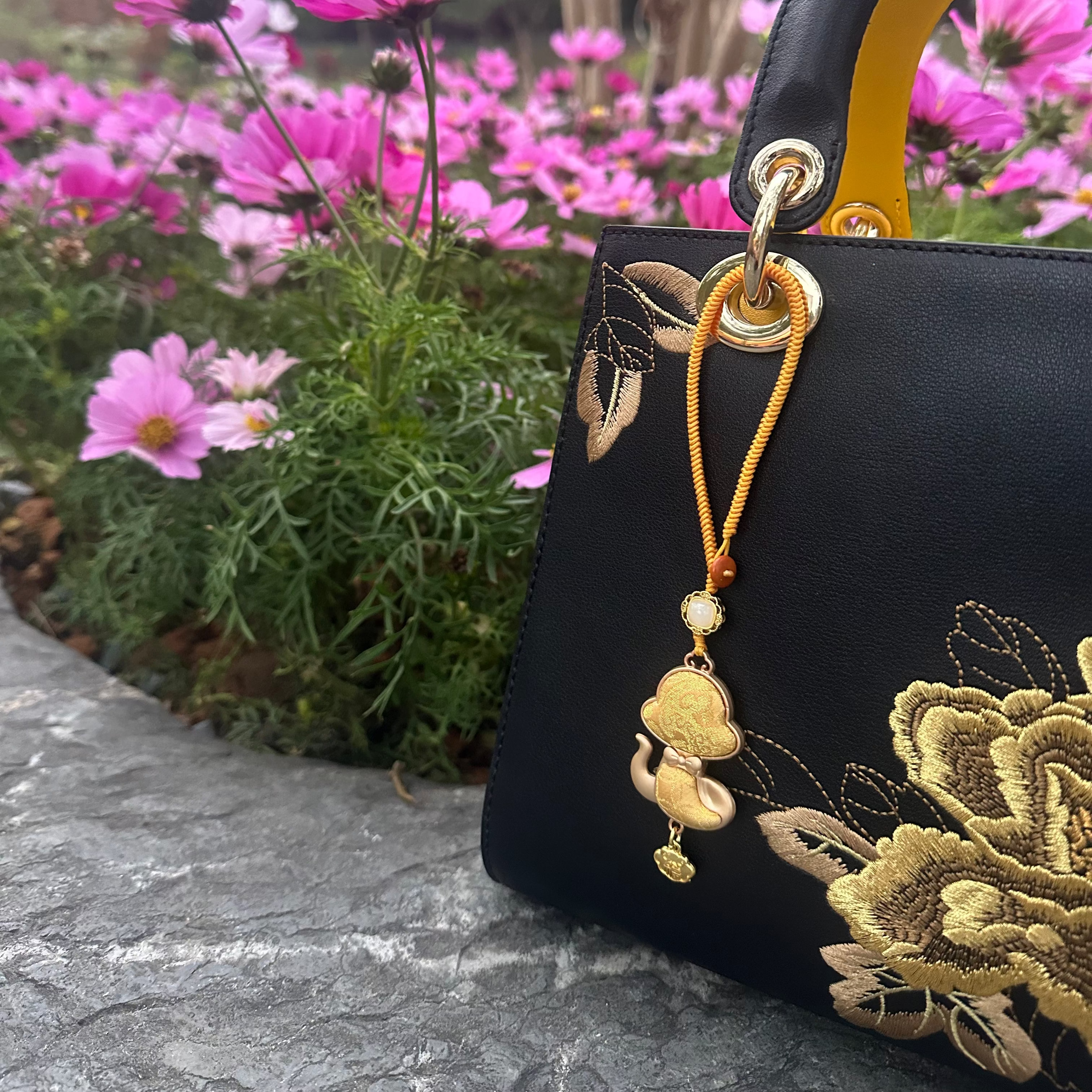 Chinese Zodiac Snake Song Brocade Bag Charm • 18K Gold Plated