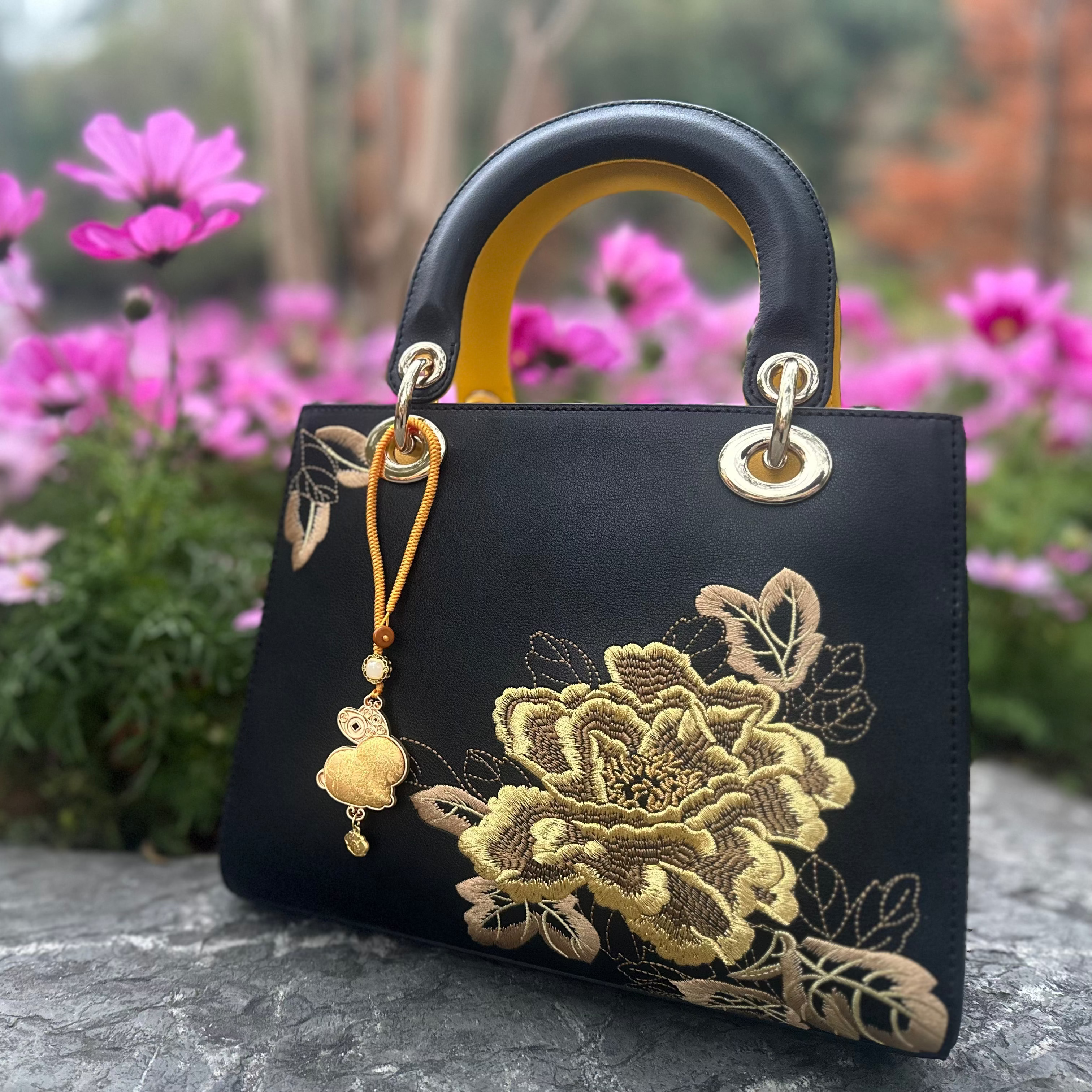 Chinese Zodiac Rabbit Song Brocade Bag Charm • 18K Gold Plated