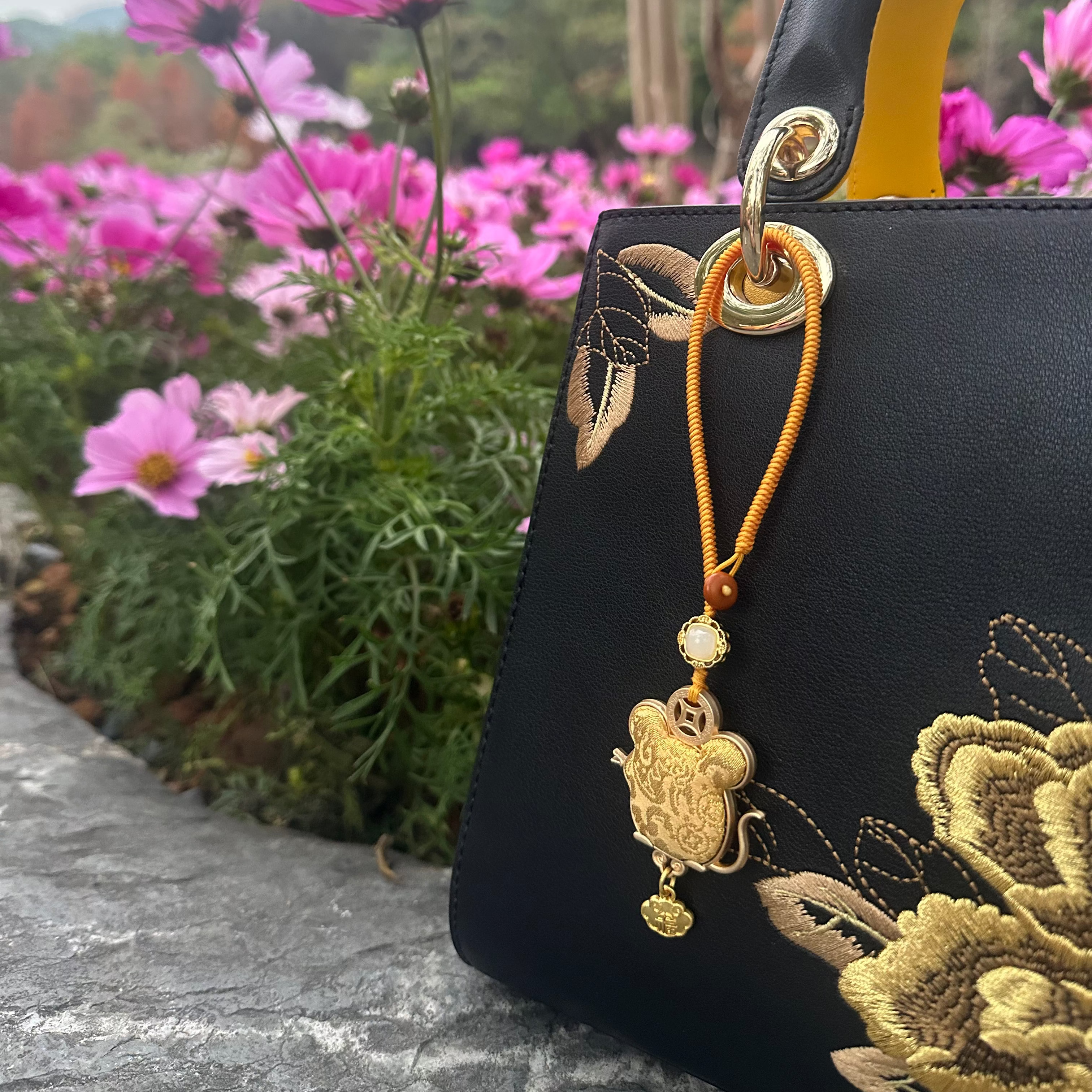 Chinese Zodiac Rat Song Brocade Bag Charm • 18K Gold Plated