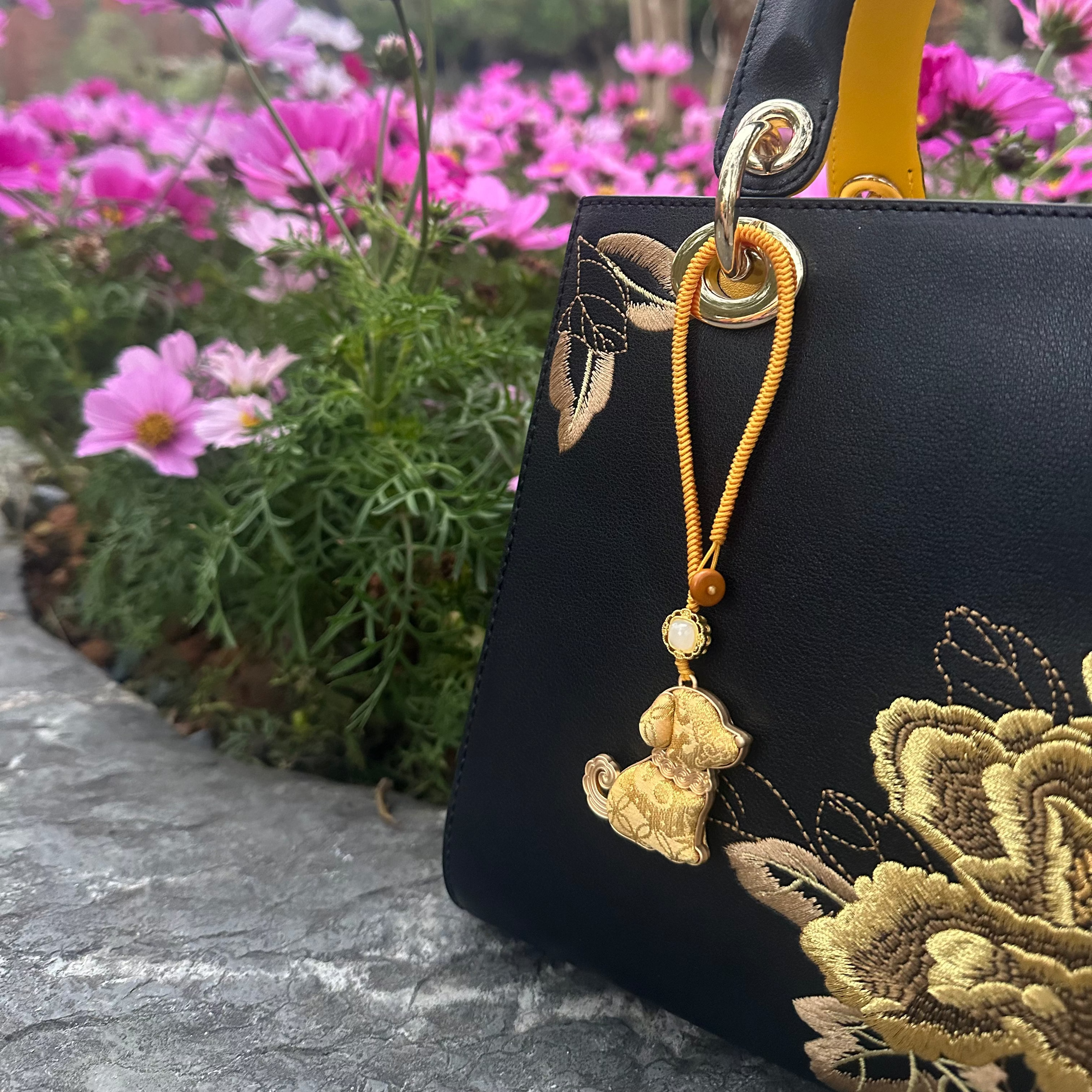 Chinese Zodiac Dog Song Brocade Bag Charm • 18K Gold Plated