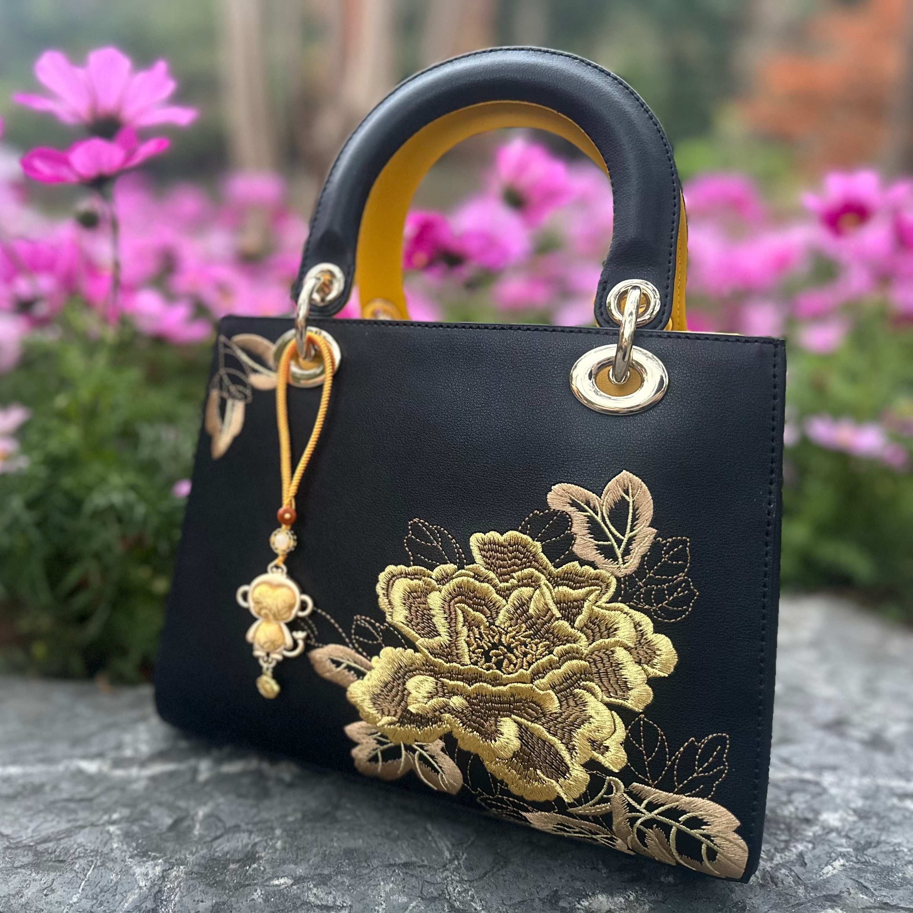 Chinese Zodiac Monkey Song Brocade Bag Charm • 18K Gold Plated