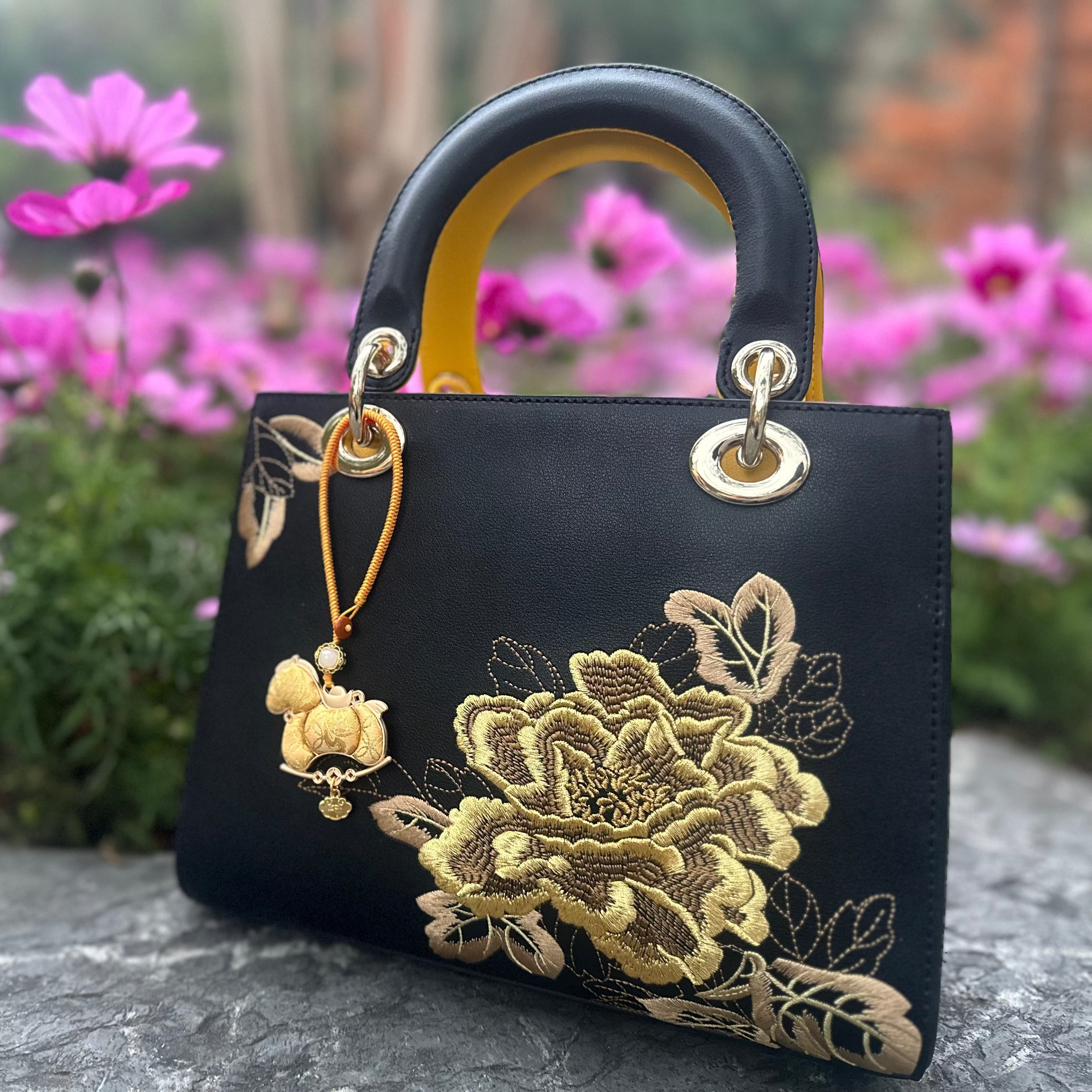 Chinese Zodiac Horse Song Brocade Bag Charm • 18K Gold Plated