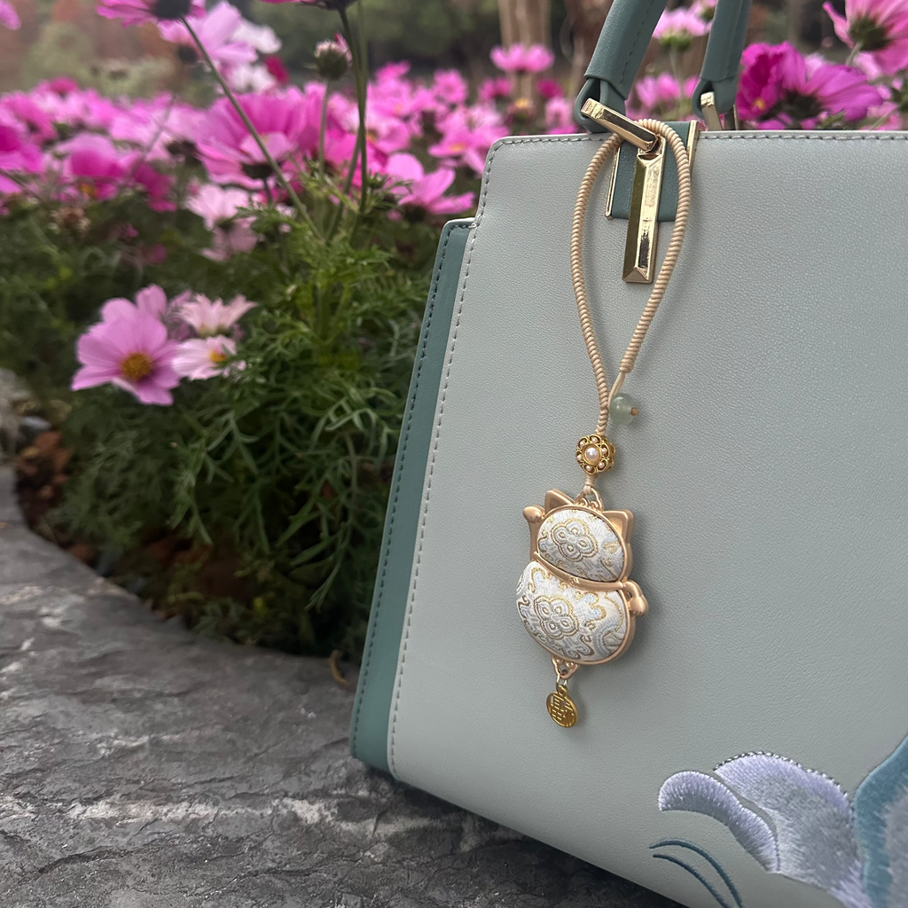 Lucky Cat Bag Charm • Song Brocade Ding Sheng Pattern • 18K Gold Plated • White
