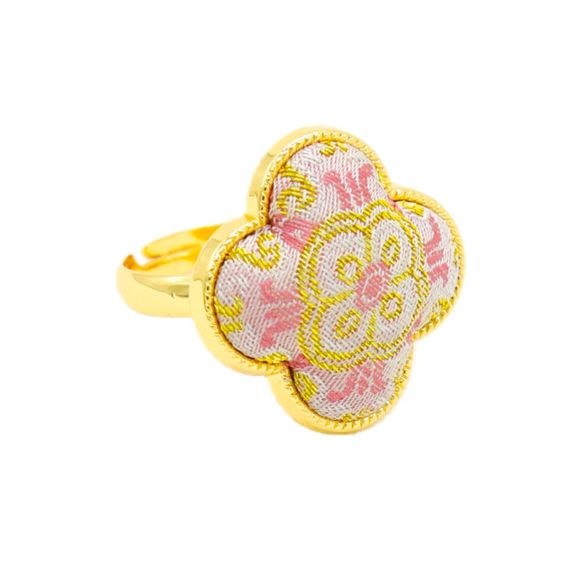 Four-Leaf Clover Ring • Song Brocade Ding Sheng Pattern • 18K Gold Plated • Pink