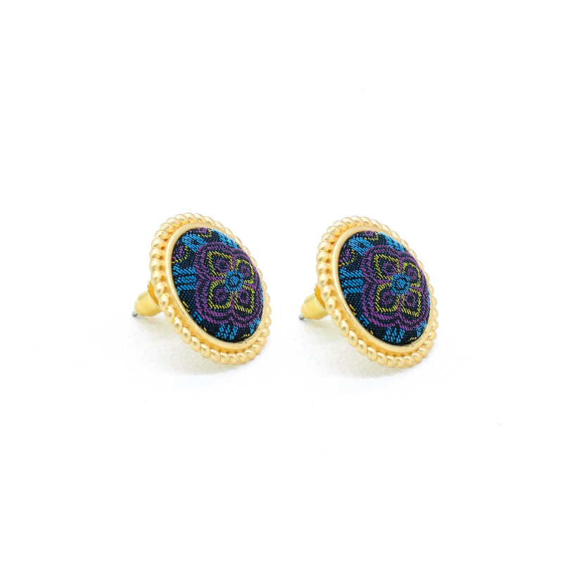 Round Stud Earrings • Song Brocade Golden Coin Pattern • 18K Gold Plated