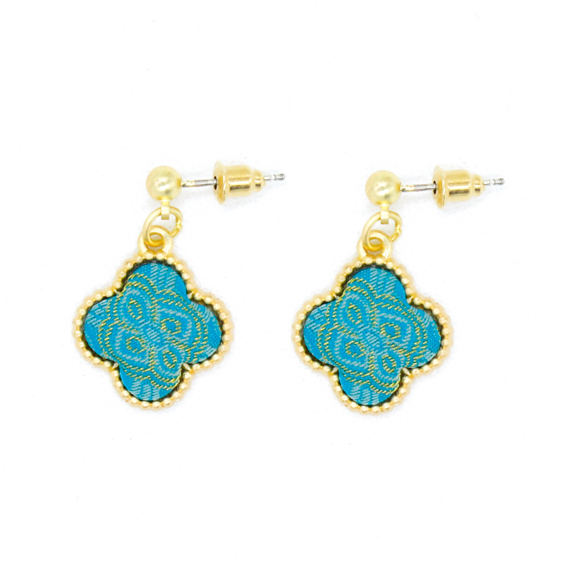 Four-Leaf Clover Dangle Earrings • Song Brocade Ding Sheng Pattern • 18K Gold Plated • White